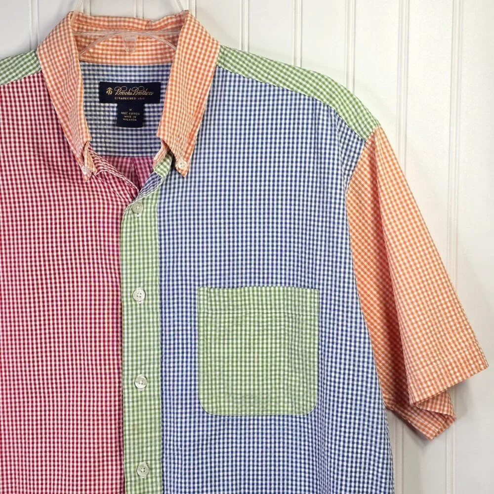 Brooks Brothers Shirt Mens Medium Seersucker Patchwork Check Short Sleeve Preppy - Picture 3 of 6